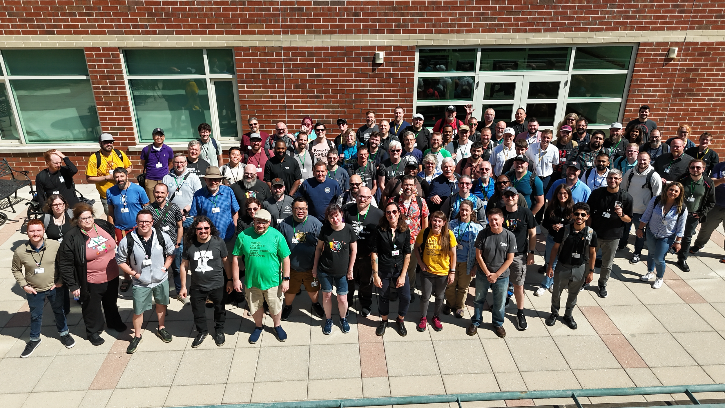 A drone shot of dozens of Mac Admins gathering at Penn State MacAdmins in 2025.