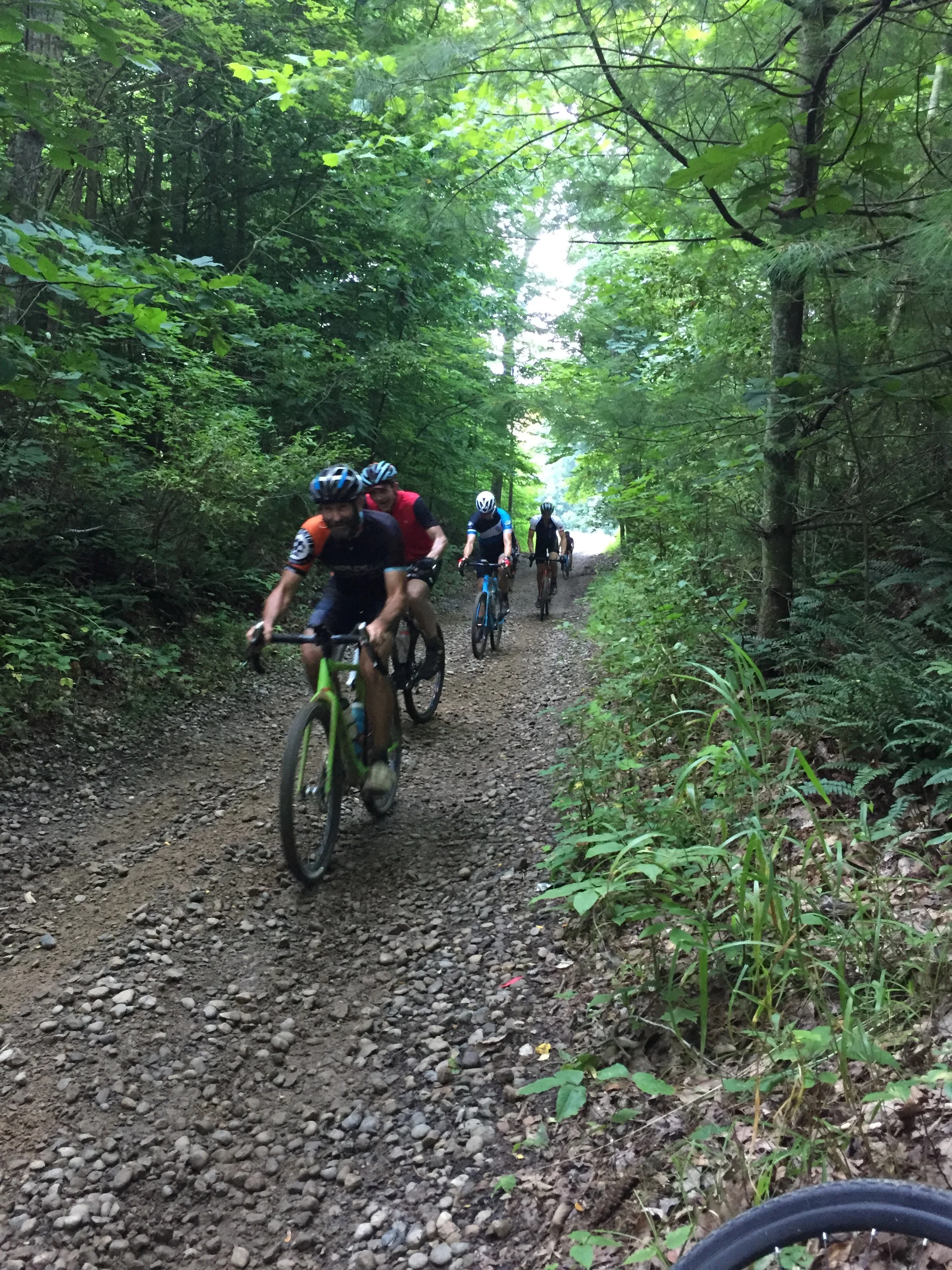 The baby-head rocks of this “gravel two-track” might be better tackled with wider tires.