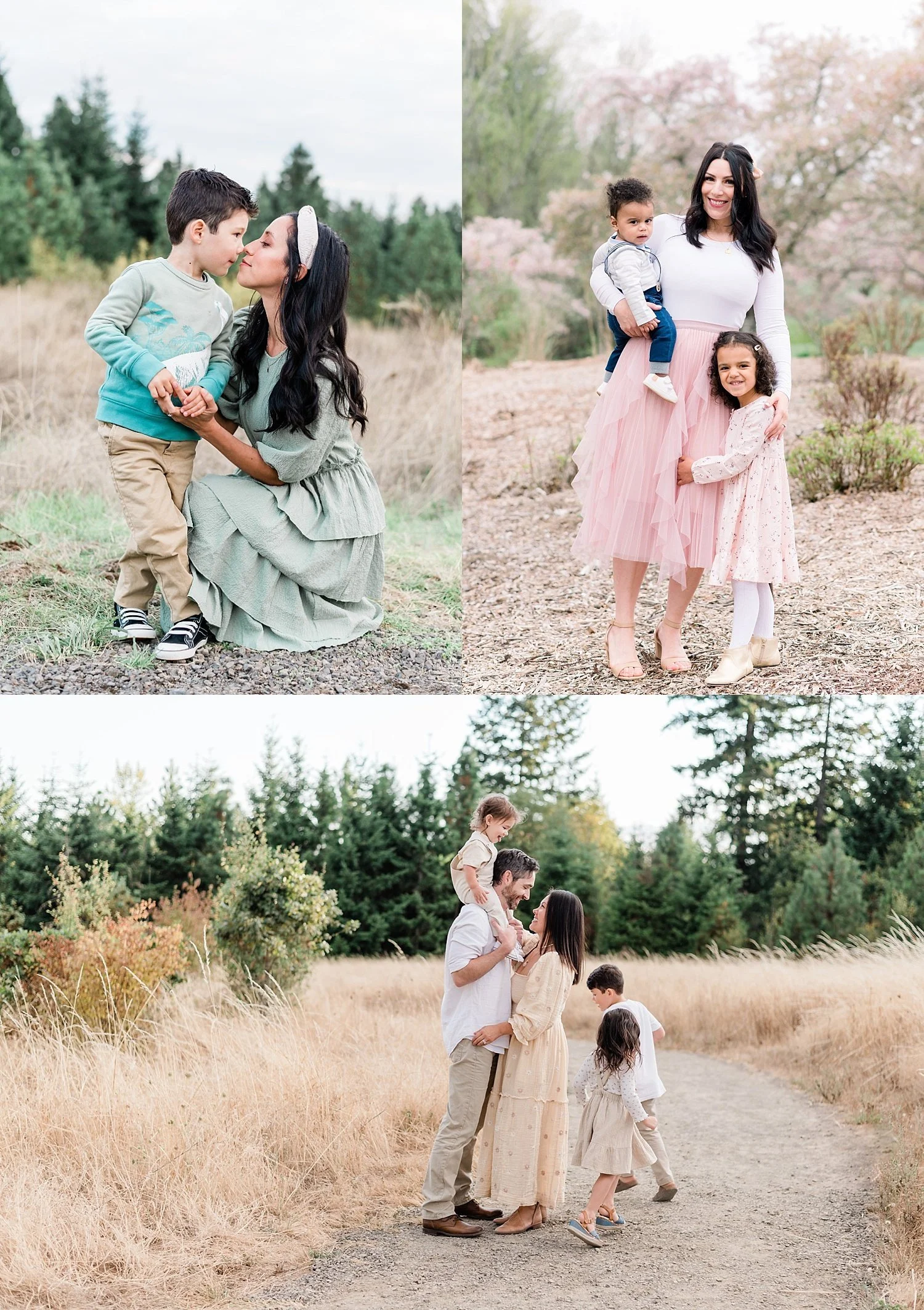a green dress, pink skirt, and nuetral dress