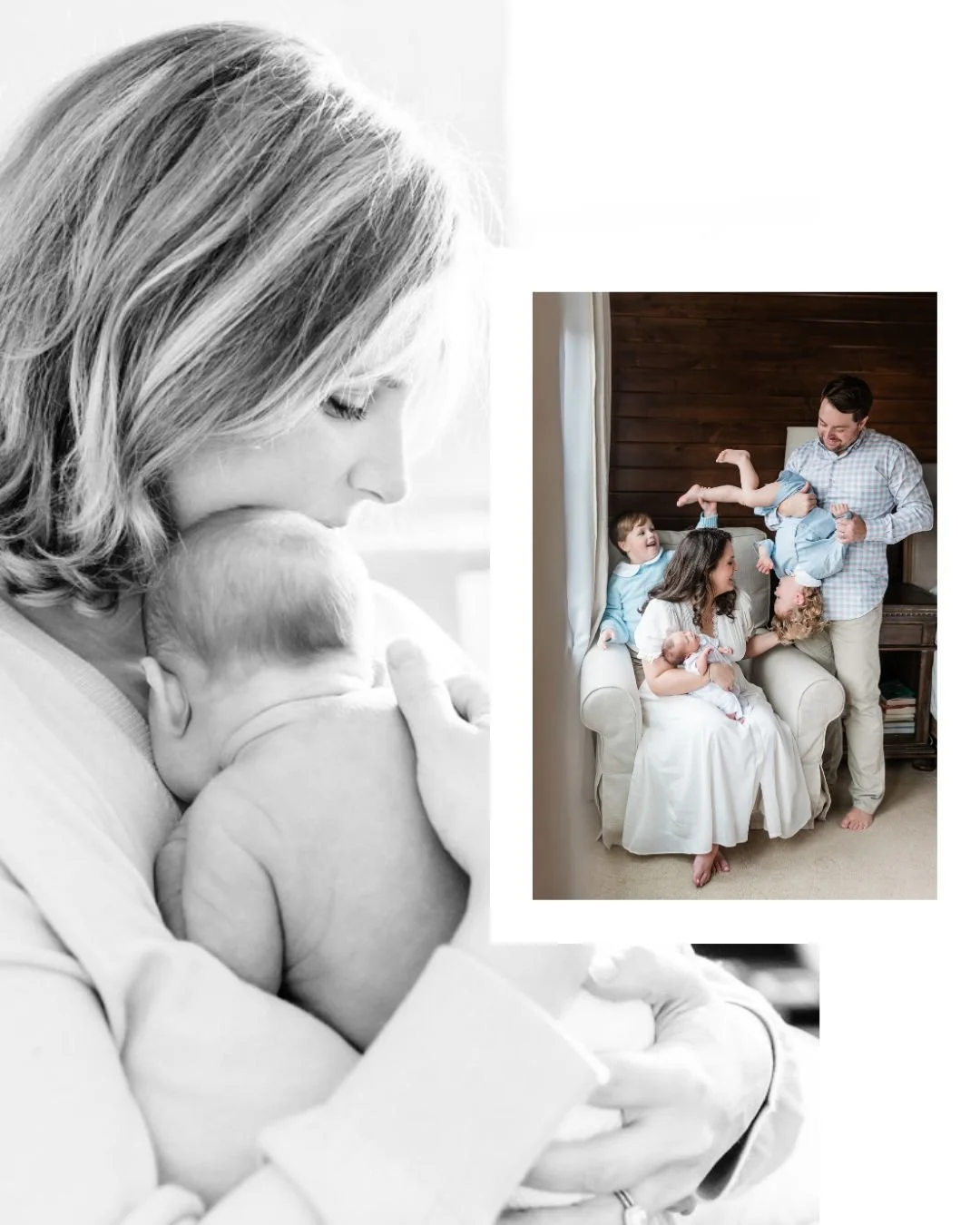 mother holding newborn baby and family playing at home
