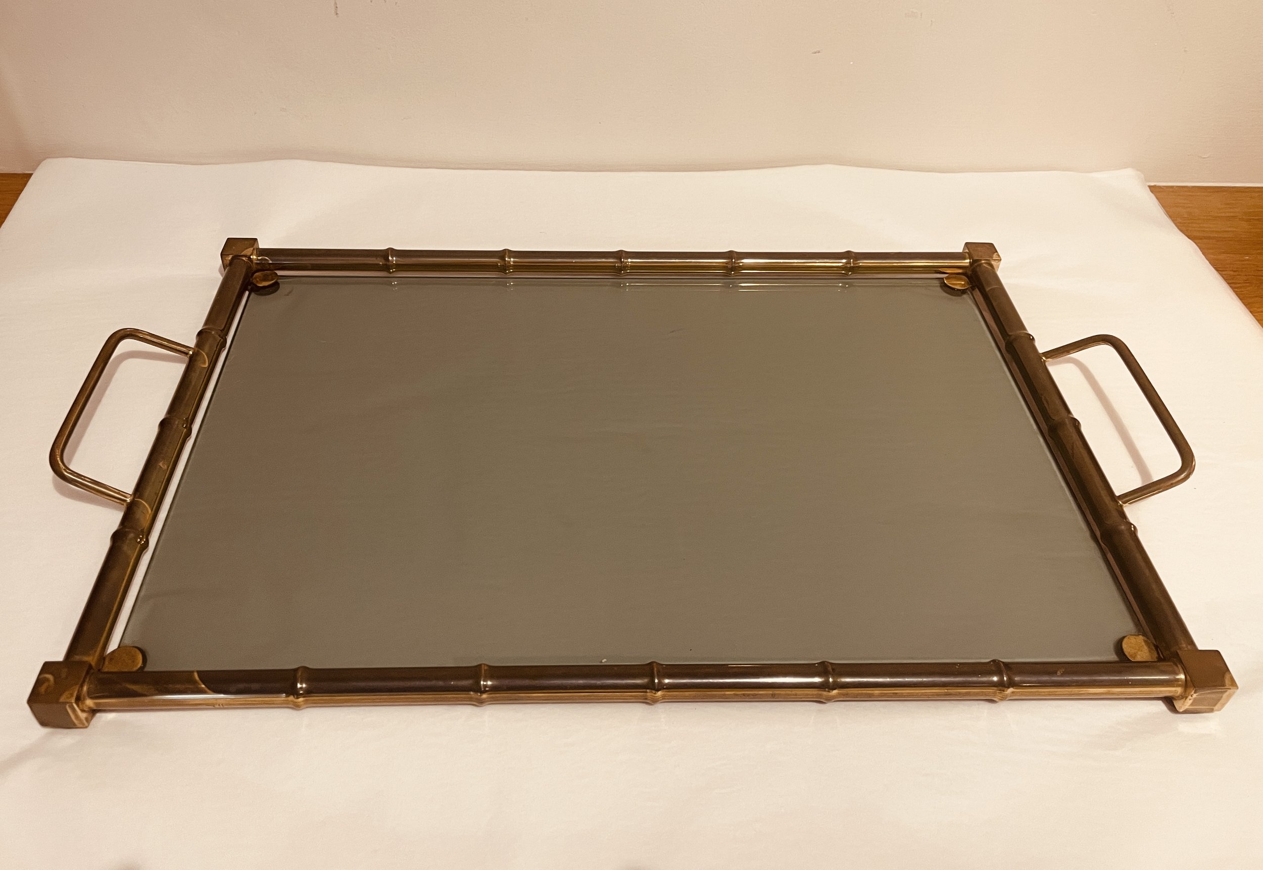 Italian Mid Century Smoked Glass and Brass Tray.