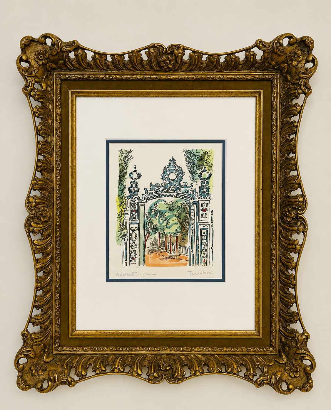 A work by Ofeo Tamburi - Hand-coloured and Signed -Framed in the 19th Century Gilt Pierced Picture Frame