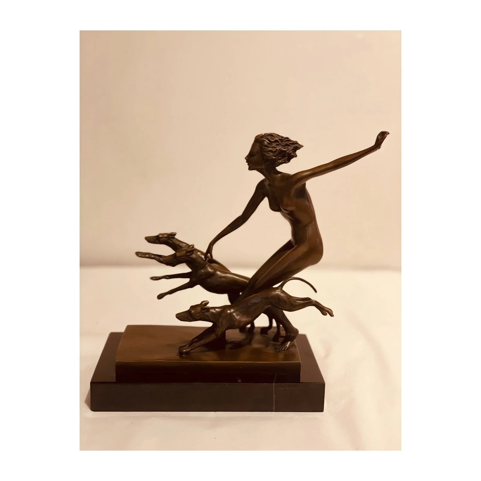 Josef Lorenzl, Art Deco Female Nude with Dogs, 1920s, Bronze on Marble Base