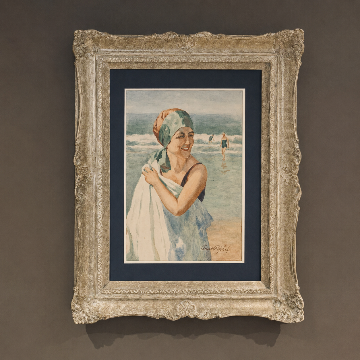 BATHING PLEASURE  -  A watercolour of a girl in a bathing suit.