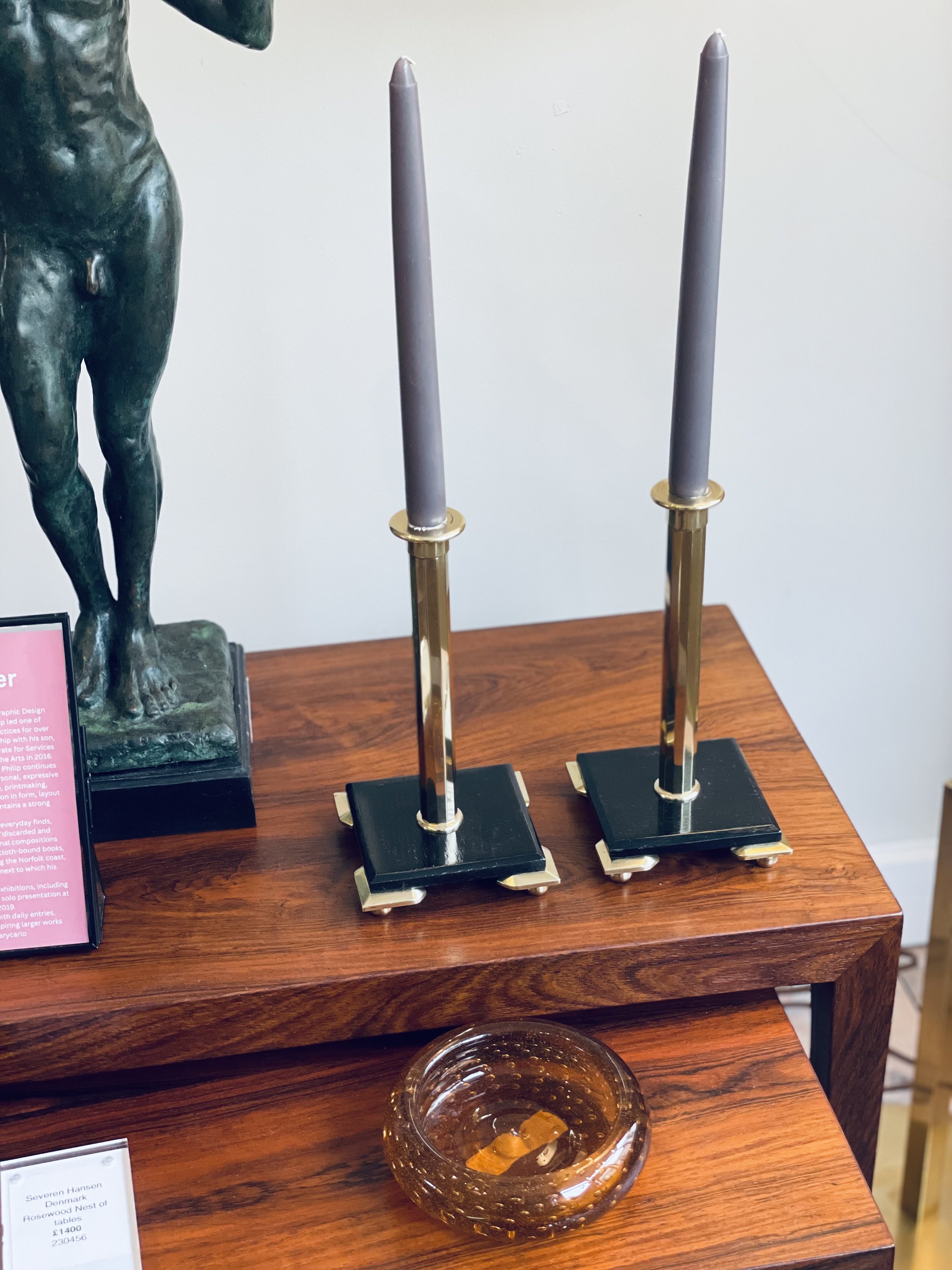 A pair of solid brass and ebonized wood candlesticks,  Swedish early 20th century.