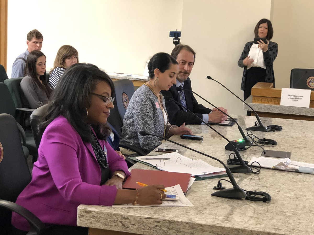 Iman Jodeh testifying for the Right to Rest Bill sitting next to Rep. Leslie Herod.