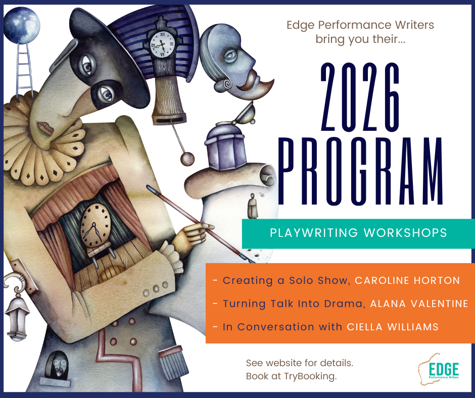 An illustration of a playwright writing with the details for the EDGE 2026 Program workshops.
