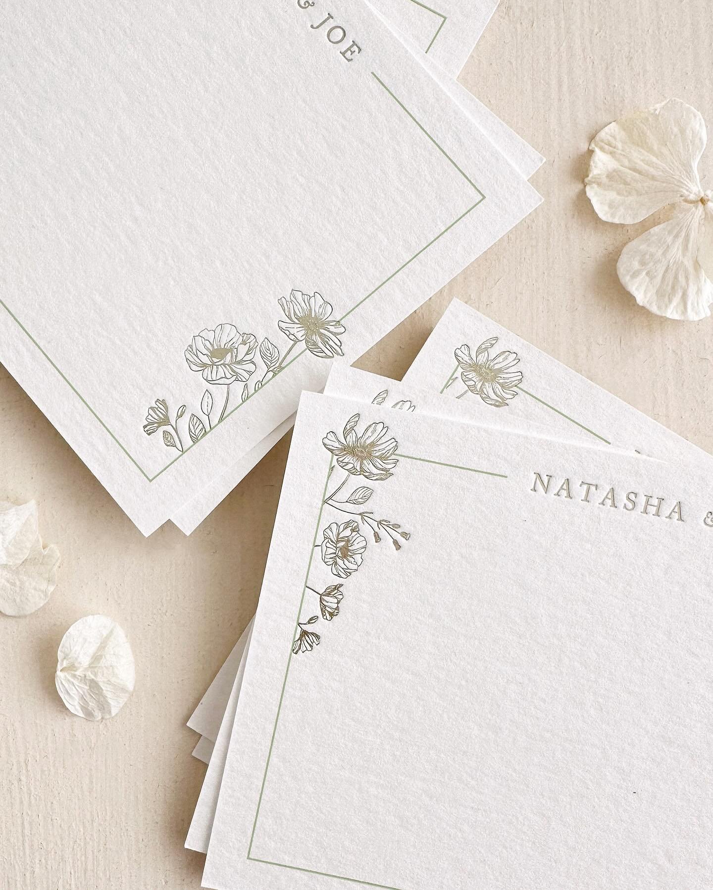 Intricate details formed the theme for Natasha &amp; Joe&rsquo; summer country wedding &amp; their thank you notes were nothing short of beautiful ~ hand drawn florals foiled pressed in champagne &amp; a simple sage green border &bull;  hello@reebaro