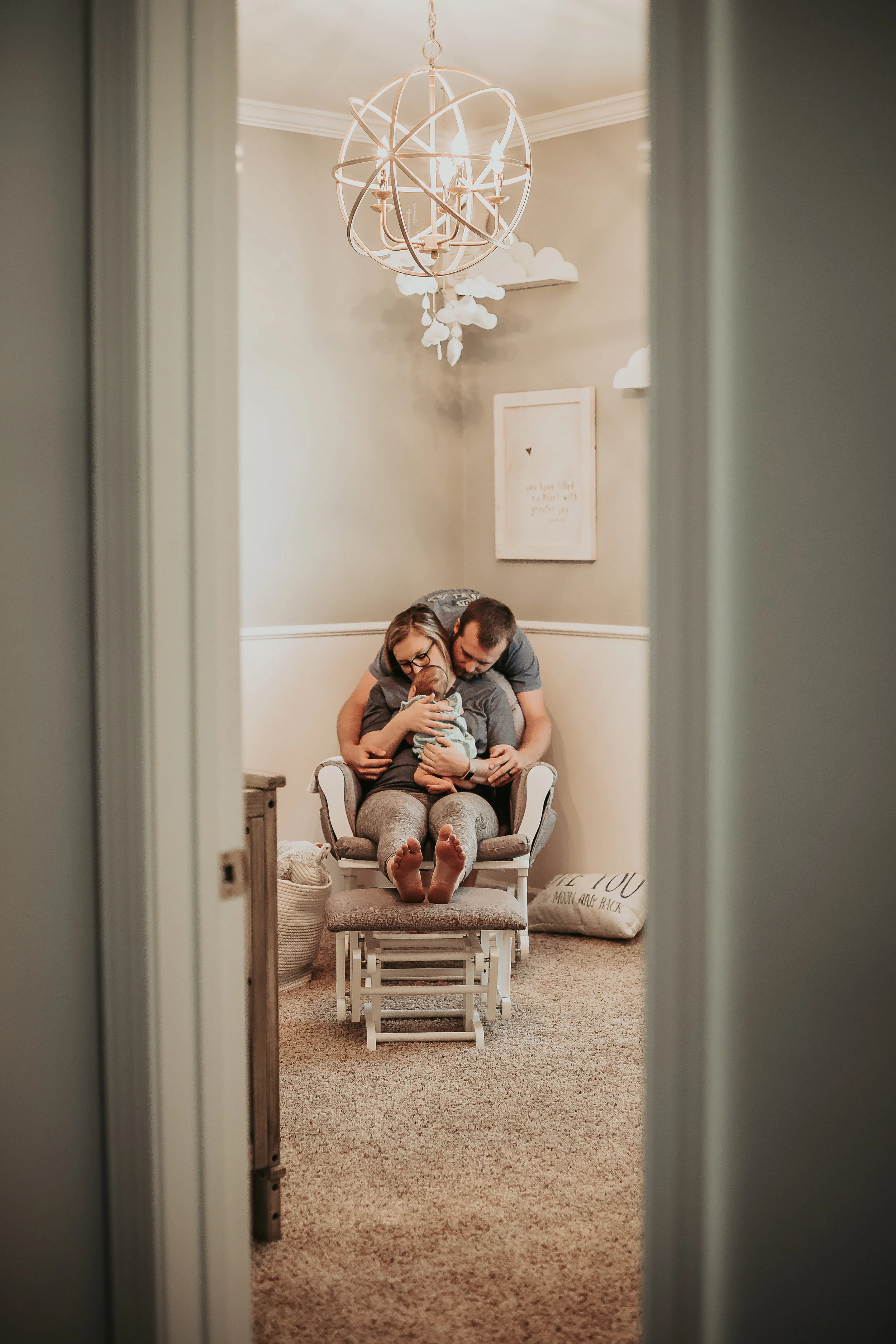 This session was extra special to my heart because Adam is my first cousin and him & his beautiful wife, Lauren welcomed sweet baby Goldie into the world in May. I had the pleasure of documenting an in-home newborn session for them. I also had the pleasure of capturing Lauren’s maternity photos while she was pregnant! Adam is the first first cousin I have that has had a baby in my family!