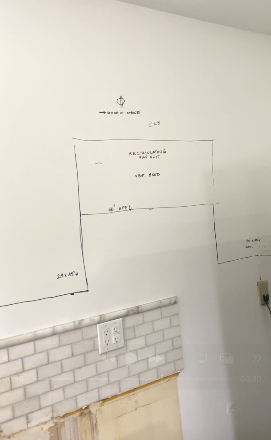 In progress kitchen reengineering featuring a white wall with hand-drawn architectural or construction plan including labeled sections with room dimensions; electrical outlet on lower part of wall with a brick pattern wall below.