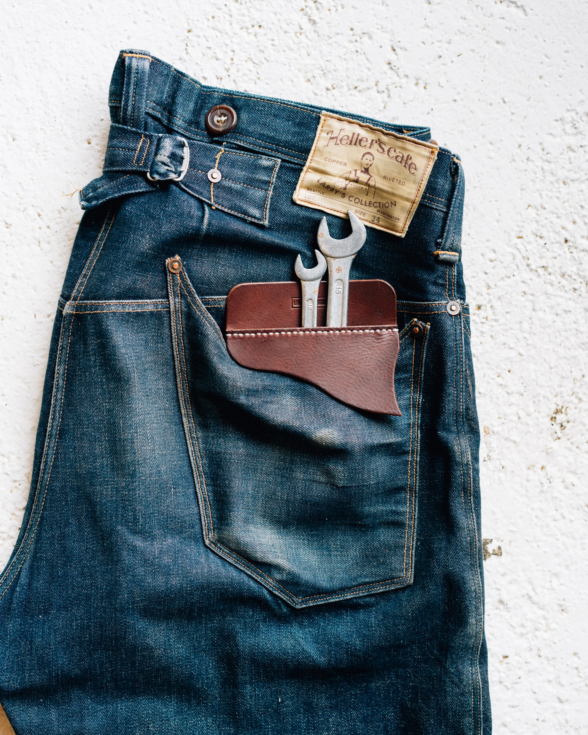 leather pocket protector with Heller’scafe Japanese denim jeans