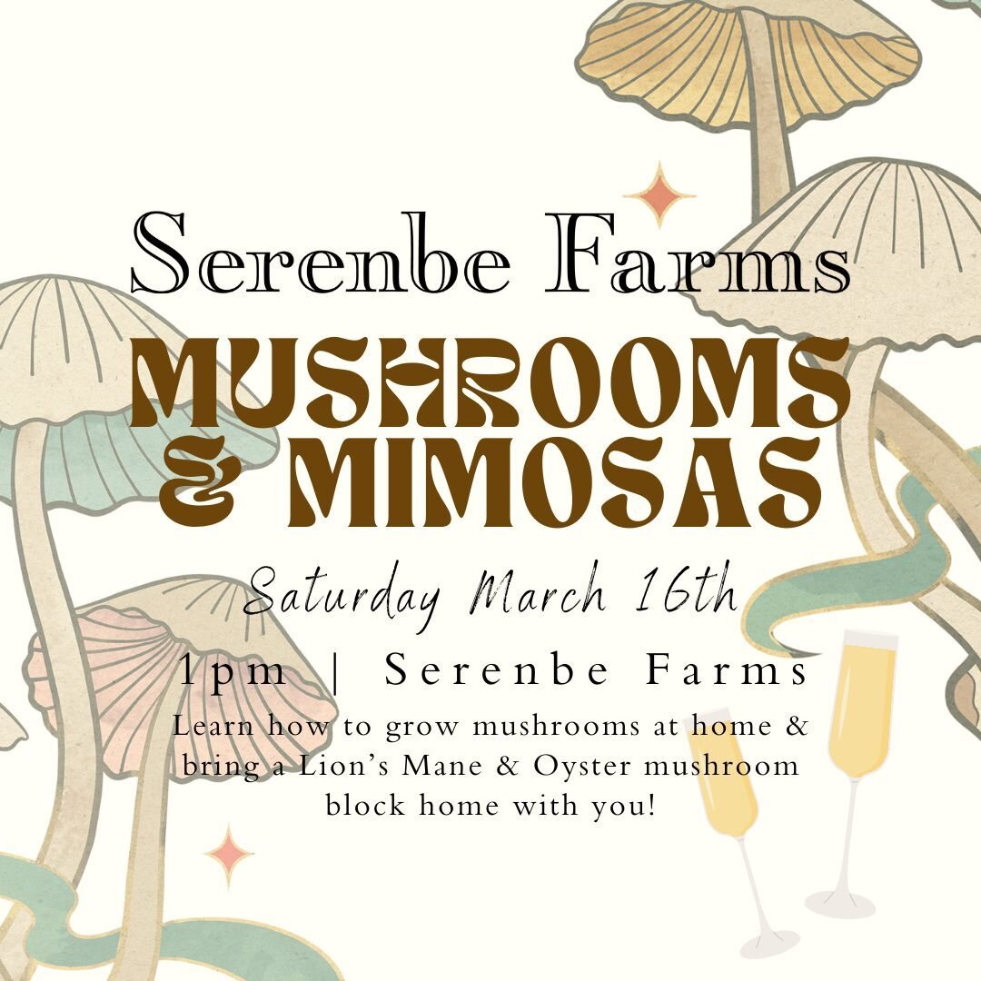 🥂🍄 Looking for the perfect thing to do this St. Patty's weekend? Join us for our Mushrooms &amp; Mimosas class on the farm! Learn how to grow mushrooms at home, and bring a lion's mane and oyster mushroom block home with you! ⁠
⁠
🎟 Class is limite