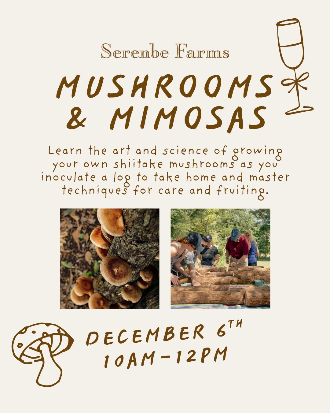 🤎 Learn the art and science of growing your own mushrooms while sipping mimosas on the farm December 6th 10am-12pm! 🍂 Take home your very own log that will produce mushrooms for years. 🎟 Tickets at the link in our bio!