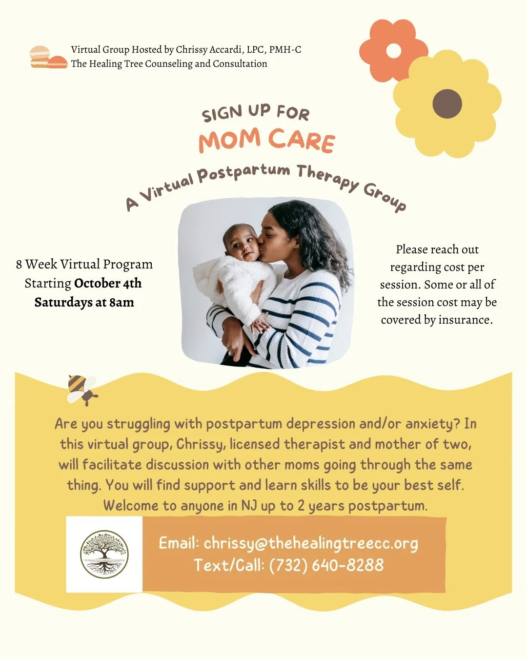 Our Mom Care group is back! Join Chrissy Accardi, LPC, PMH-C for an 8 week series for new moms with kids 2 and under to build community and strategies for life postpartum. Contact Chrissy at chrissy@thehealingtreecc.org for more information!