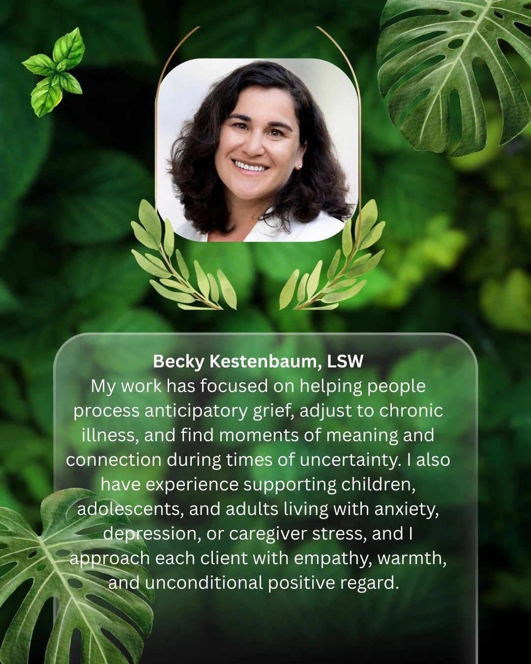 The Healing Tree is excited to welcome Becky Kestenbaum, LSW to our team! Becky specializes in working with chronic illness, anxiety, depression, and caregiver stress. She takes a trauma informed approach to her work, and has openings in person and v