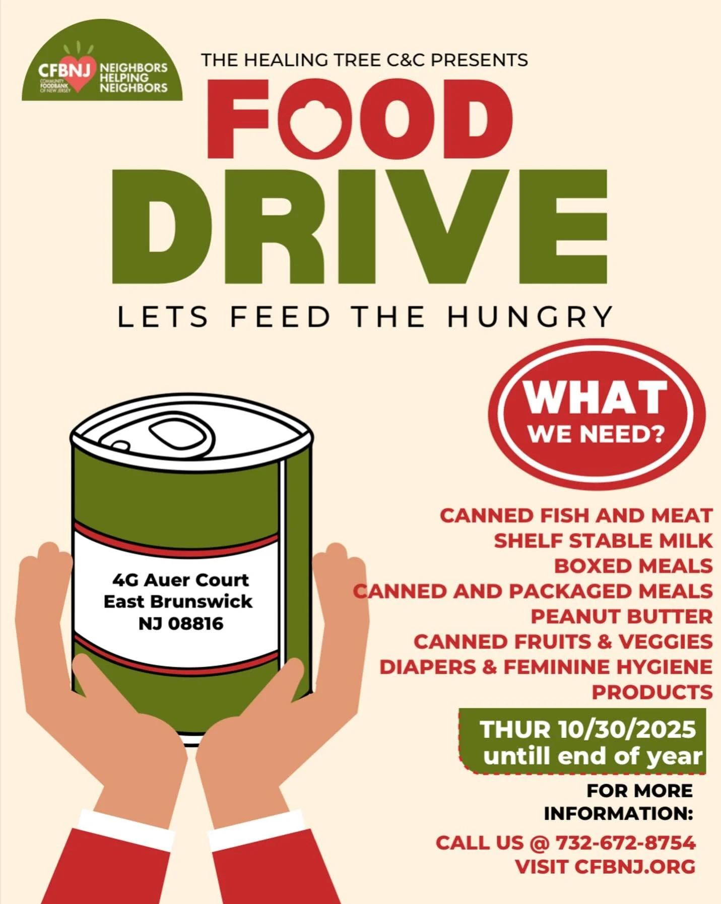 With the impending cutoff of SNAP benefits, The Healing Tree will be collecting food, baby supplies, and period products for donation to the Community Food Bank of NJ and other local organizations helping the hungry, parents, and babies. Drop off dur