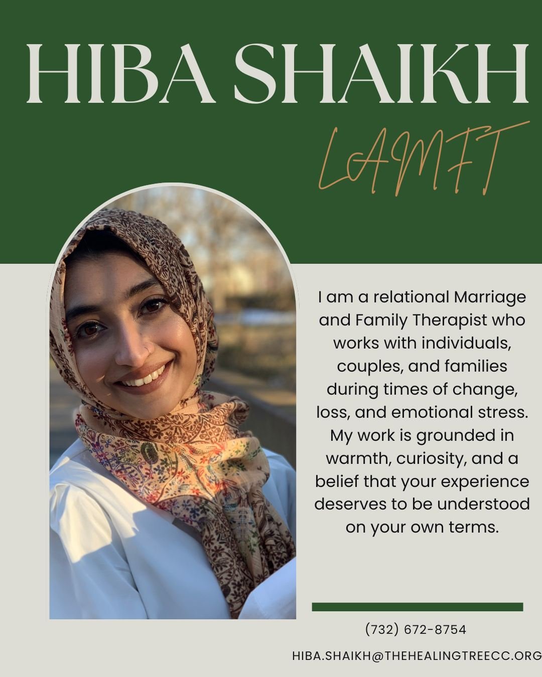 The Healing Tree is excited to welcome Hiba Shaikh, LAMFT to our team.  Hiba works with individuals, couples, and families.  She has availability on Wednesdays and Fridays, and she looks forward to working with you!

https://www.thehealingtreecc.org/
