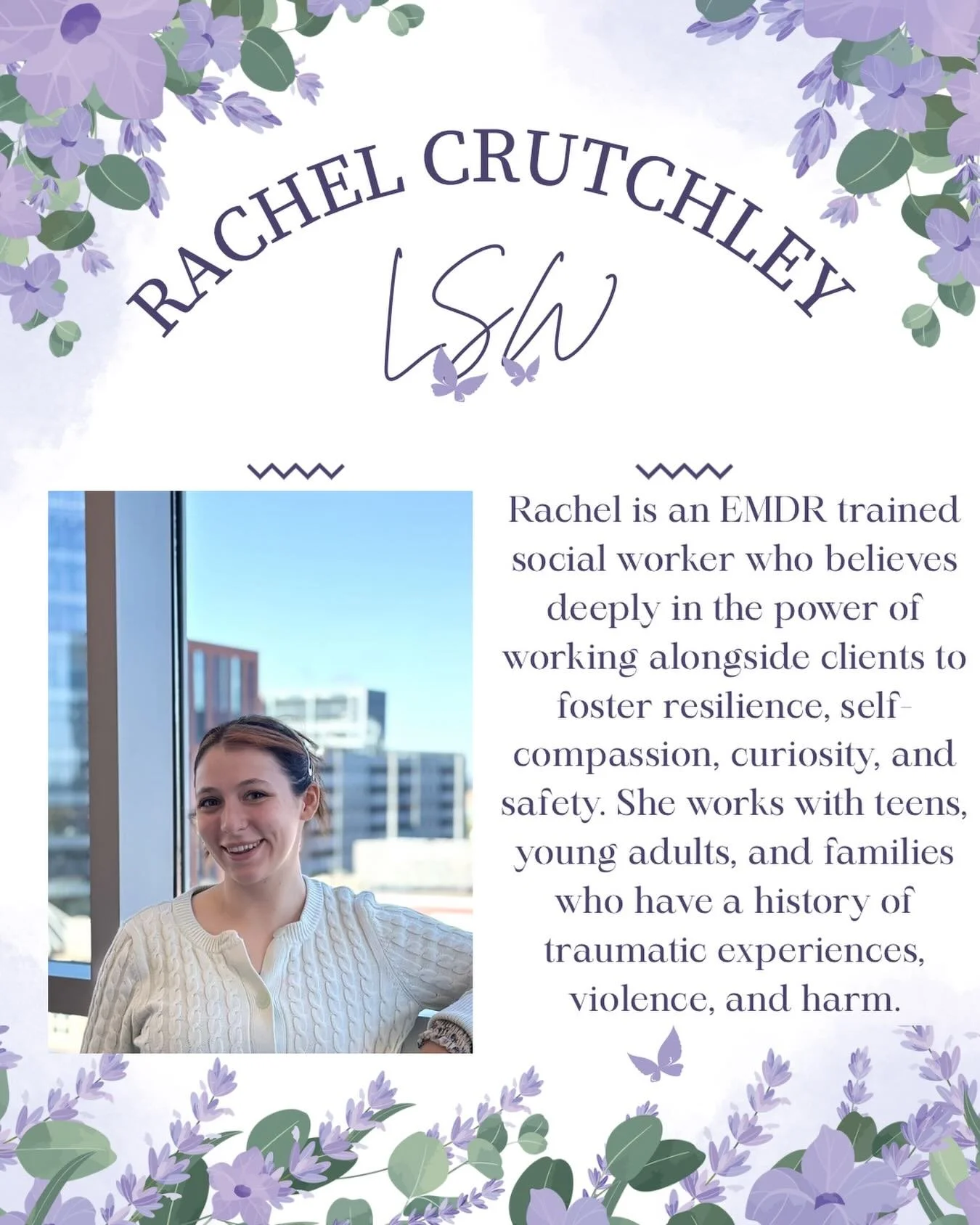 We are thrilled to welcome Rachel Crutchley, LSW to our team! Rachel is EMDR trained and works with adolescents and adults. She has daytime and evening availability, and looks forward to working with you. 
www.thehealingtreecc.org/rachel-crutchley-ls