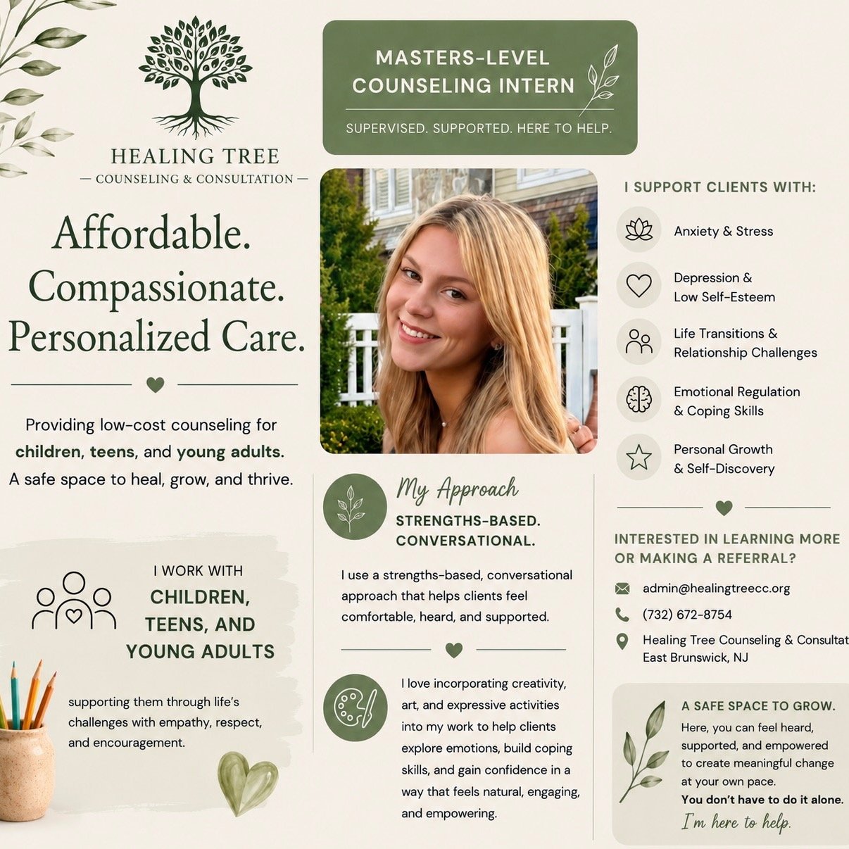 We are excited to introduce Emily Abrams, our Master's level intern! Emily is currently accepting new clients and has in person and evening availability. A little message from Emily: 

&ldquo;I&rsquo;m especially interested in working with children, 
