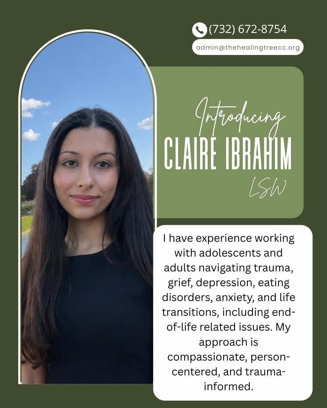 Introducing Claire Ibrahim, LSW! Claire joins our team with experience in grief depression, eating disorders, anxiety, and life transitions, including end-of-life related issues. She is in network with Aetna, BCBS, CIgna/Evernorth, and Amerihealth, a