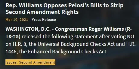 REP. WILLIAMS OPPOSES PELOSI’S BILLS TO STRIP SECOND AMENDMENT RIGHTS