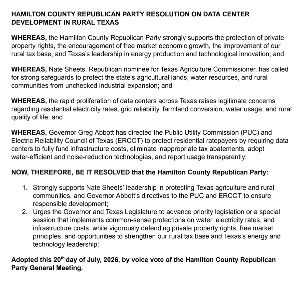 Hamilton County Republican Party Passes First-Ever County Resolution on Data Center Development in Rural Texas