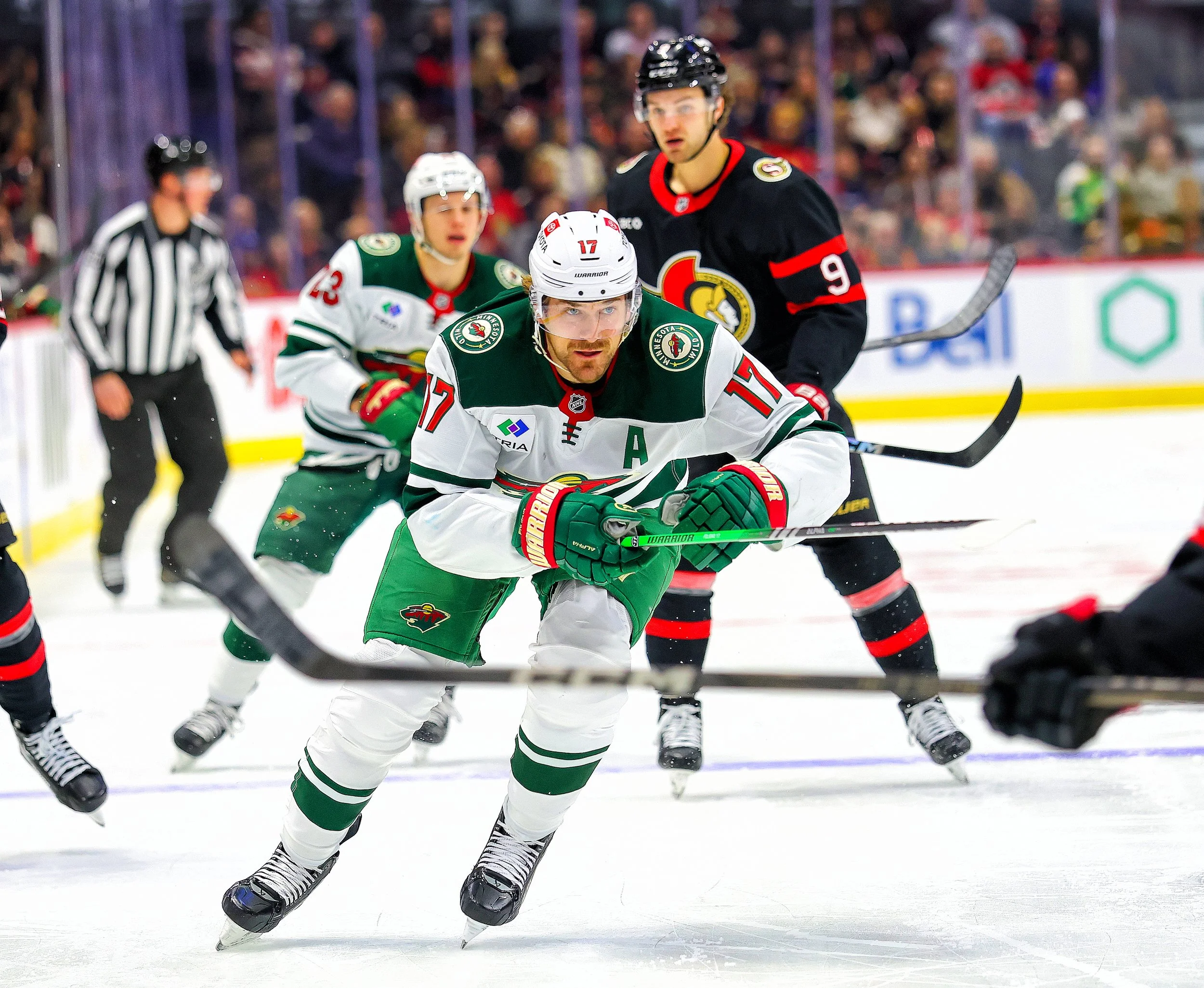 Hockey players in action during a game, focused on a player in a white and green uniform with the puck, surrounded by players in black and red uniforms and a referee in the background.