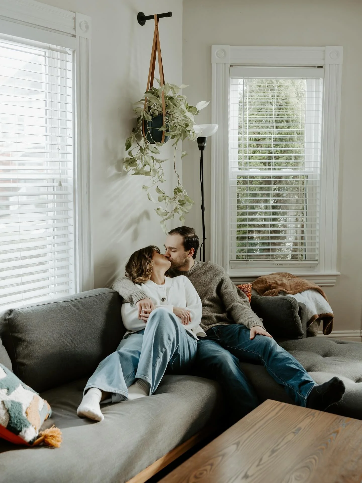 Sam &amp; Cam cozy at home in their new apartment and neighborhood &mdash; always so much fun photographing friends 🥹🤍 So happy for these two and their engagement! 💍