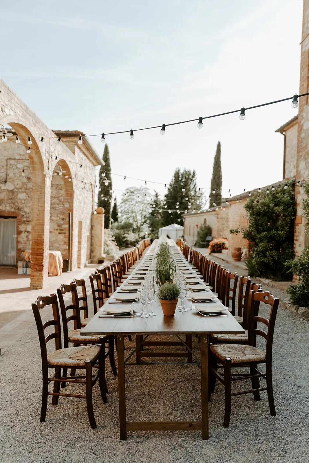 A wedding table setup for a destination wedding location in Italy