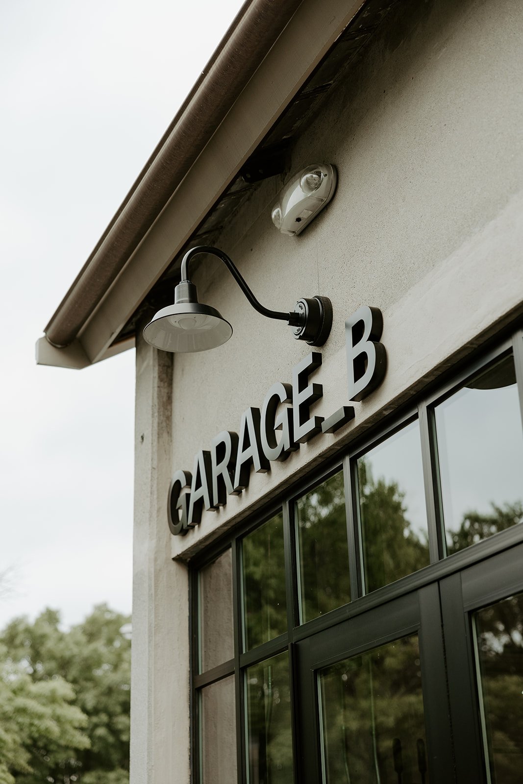 The outside sign of a Boston wedding venue reading garage b