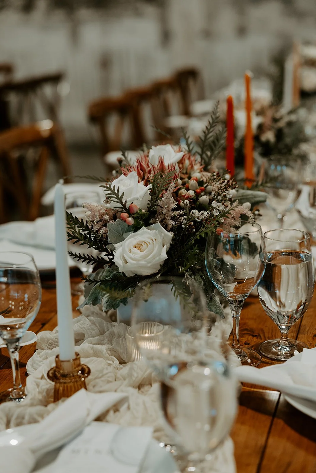 A wedding table set up for a garage b wedding reception
