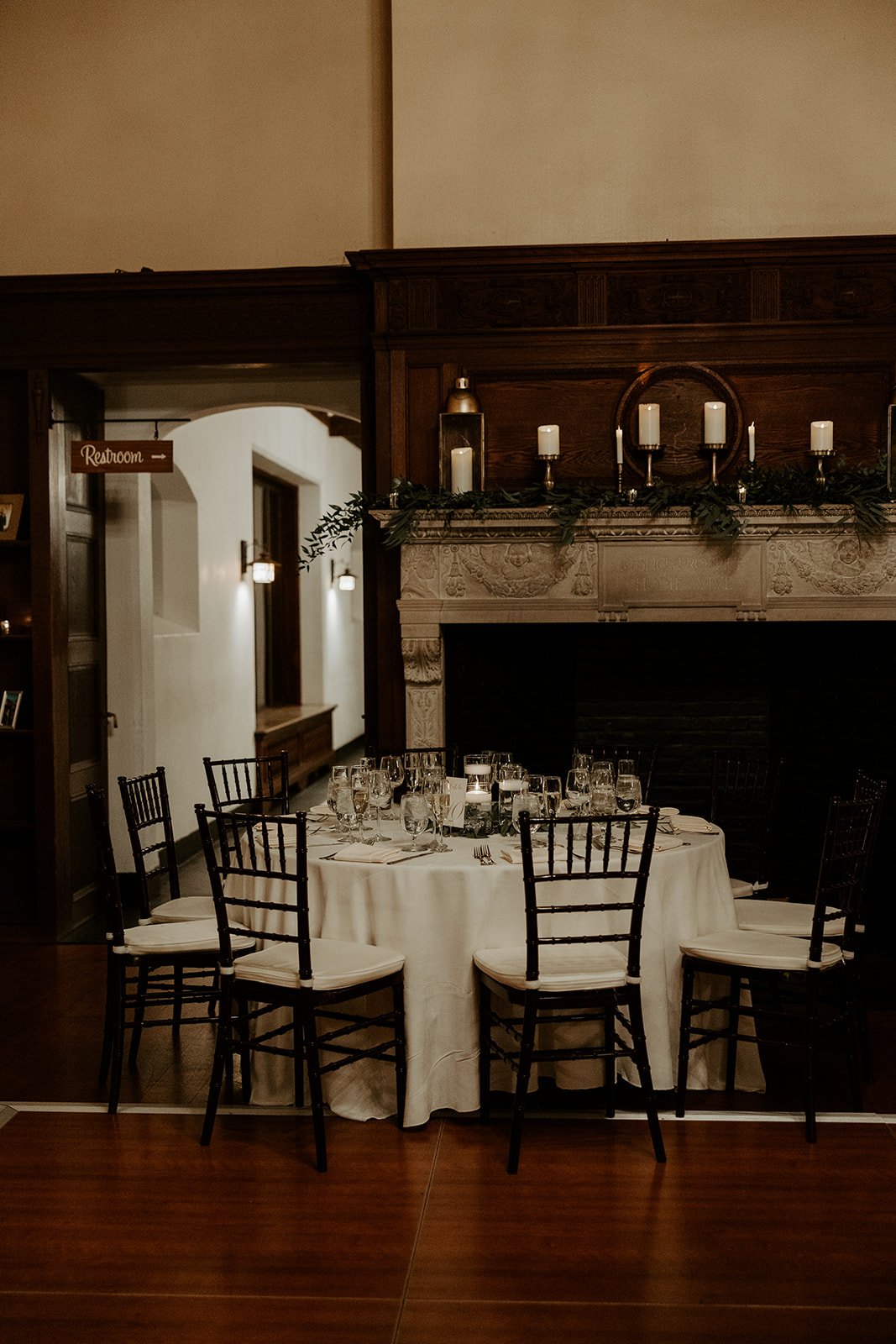 A wedding reception setup inside of the mansion at willowdale estate