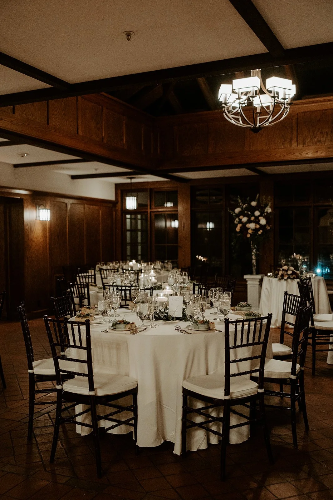 A wedding reception setup inside of the mansion at willowdale estate