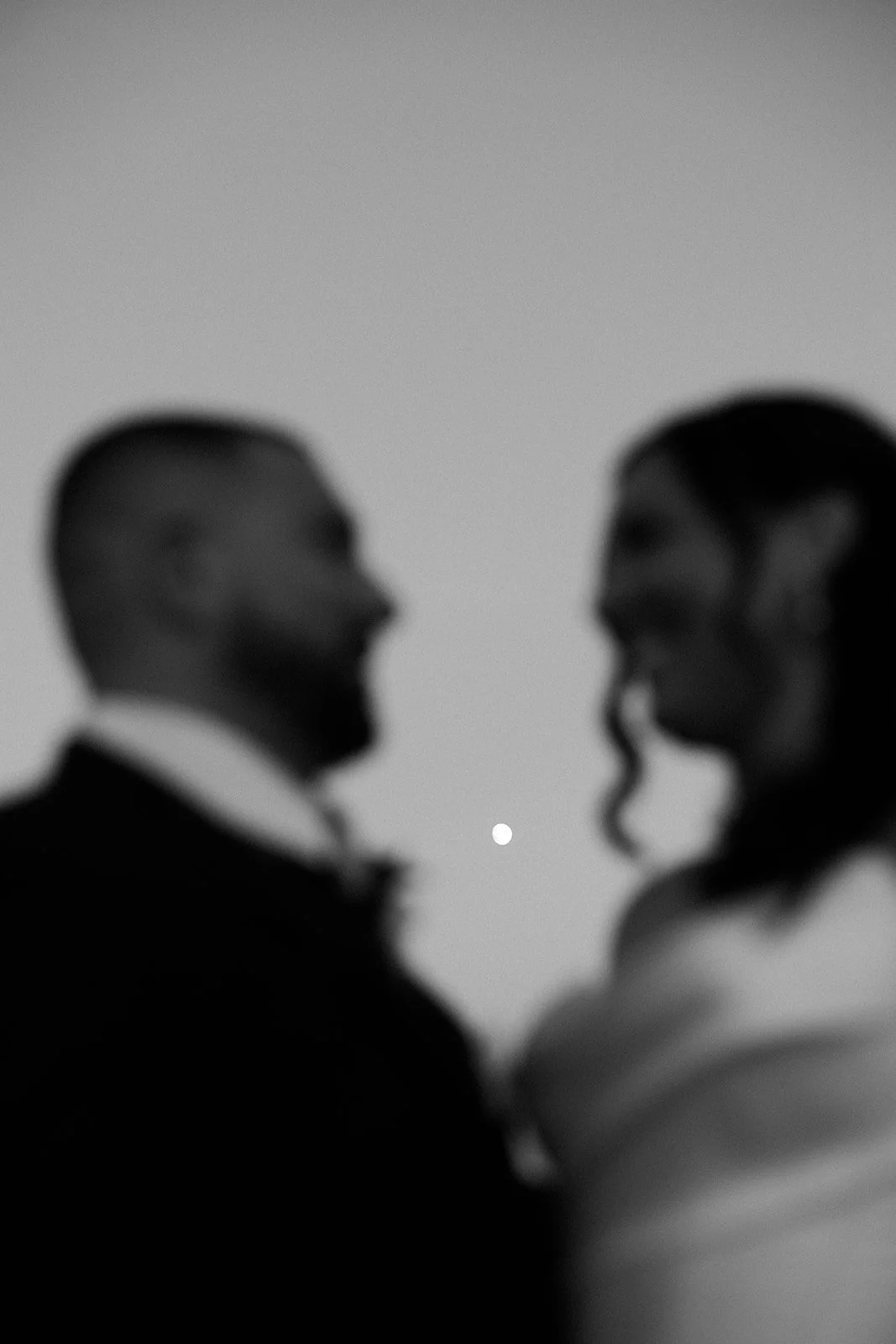 A bride and groom posing for wedding photos in front of the moon