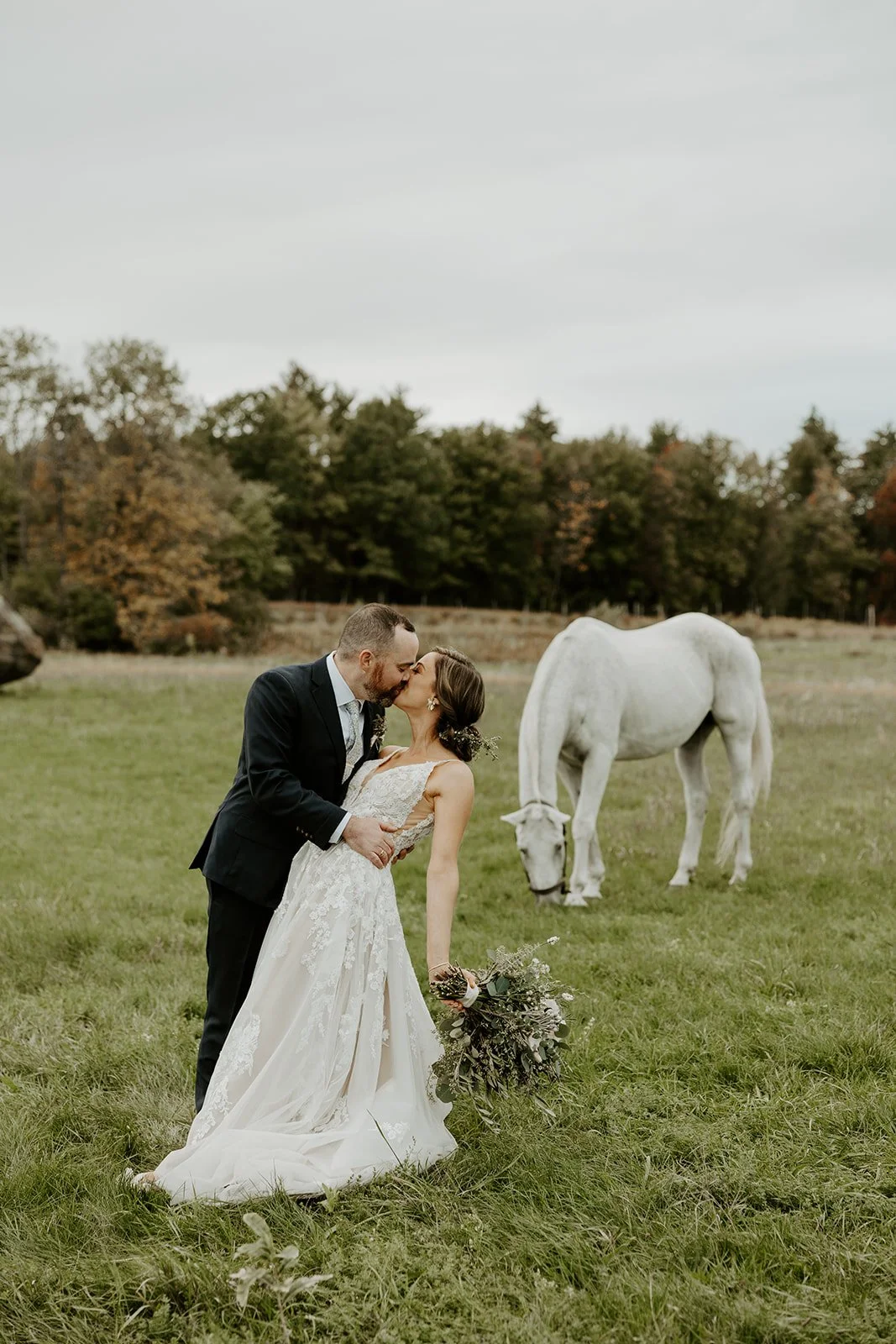A bride and groom kissing in front of horses at valley view farm
