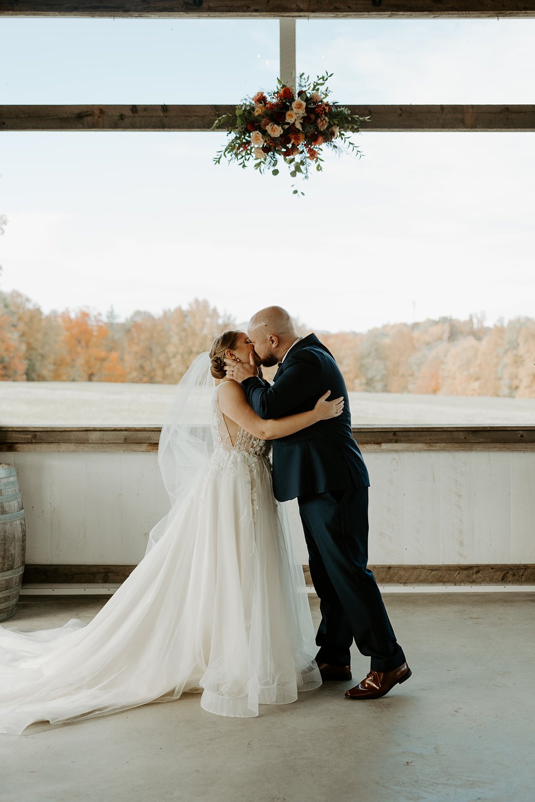A bride and groom's first kiss