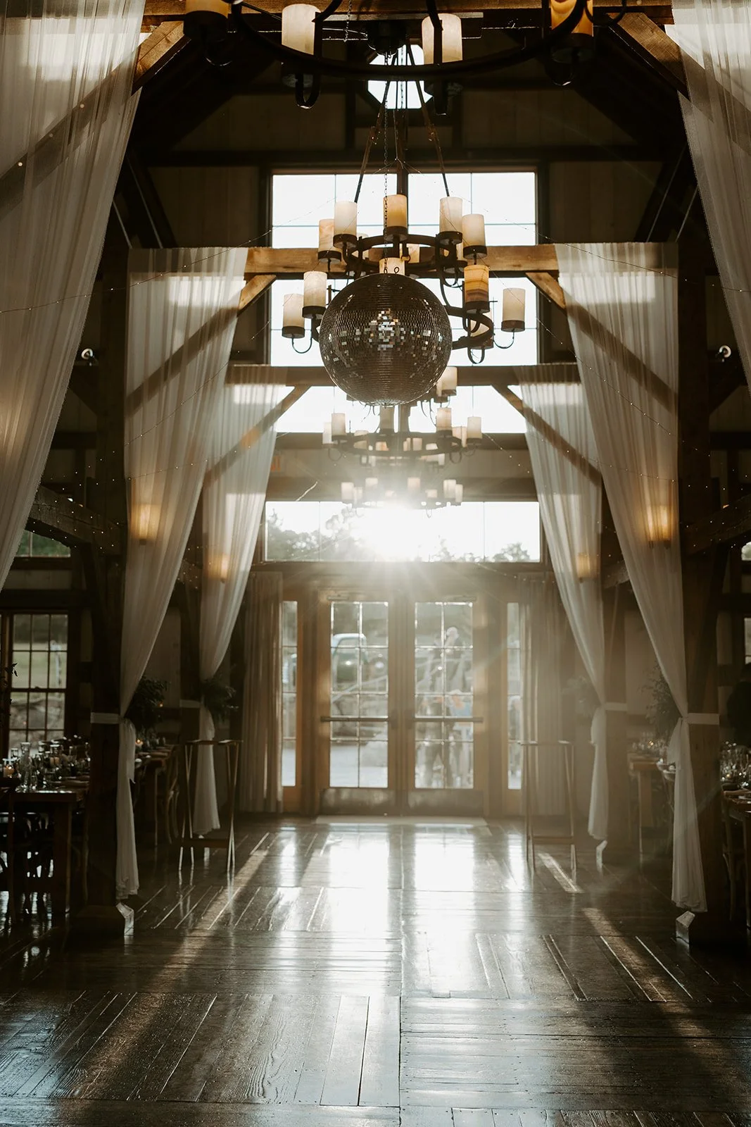 A disco ball inside of the barn at valley view farm