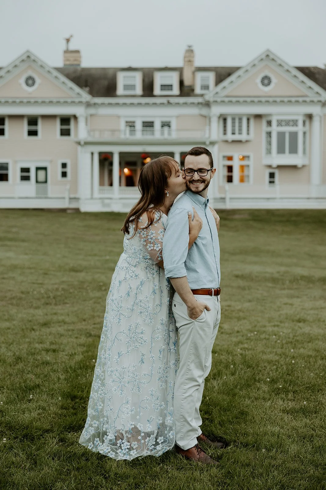 A couple taking engagement photos at Endicott Estate