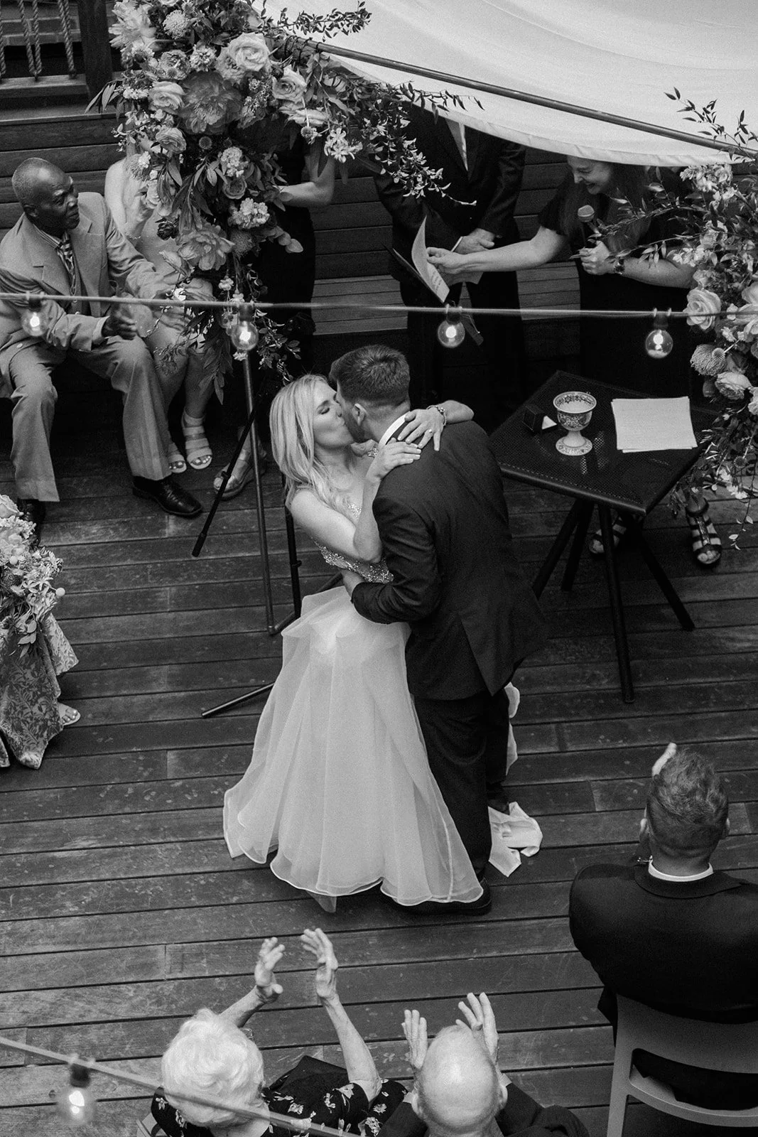 A bride and groom's first kiss