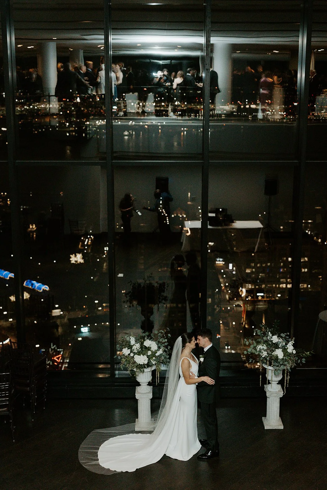 A bride and groom at their indoor ceremony site