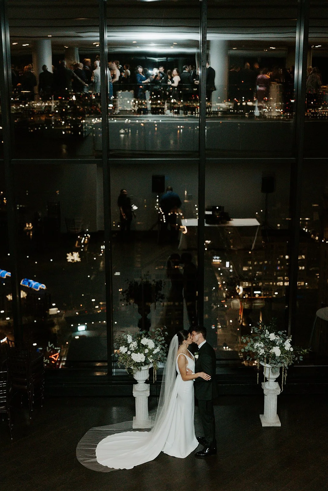 A bride and groom at their indoor ceremony site