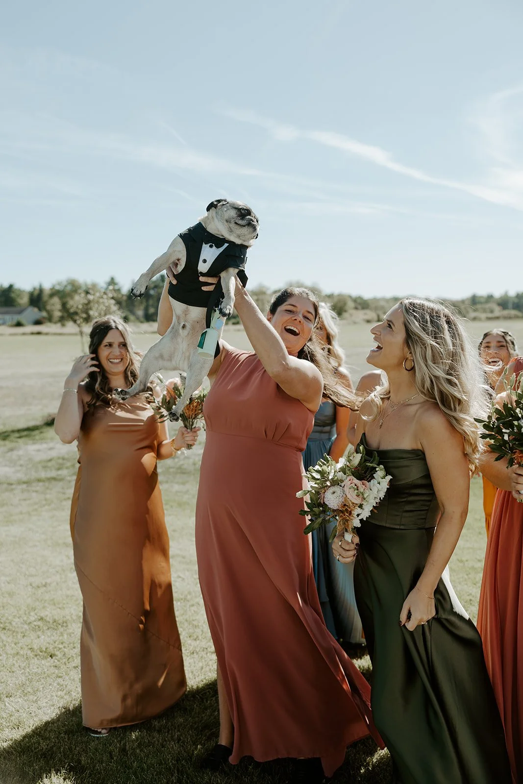 Bridesmaids holding up the bride's dog