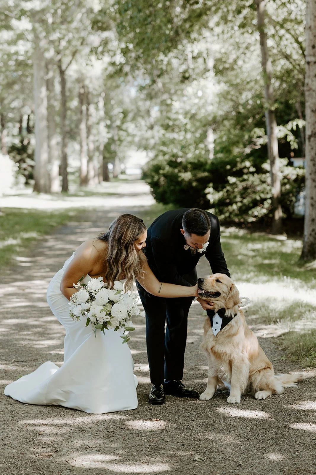 A bride and groom taking wedding photos with their dog