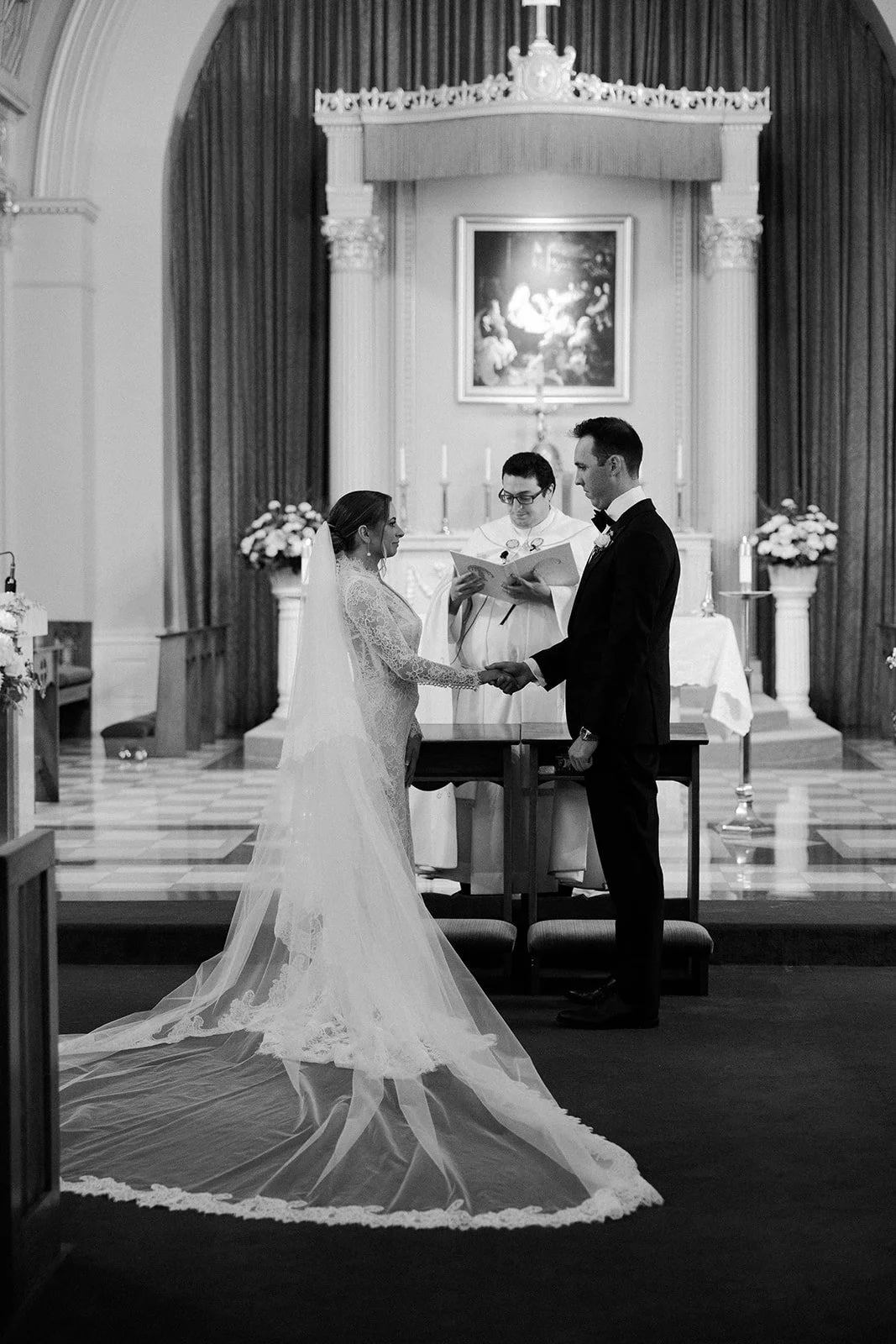 A bride and groom during their church wedding ceremony