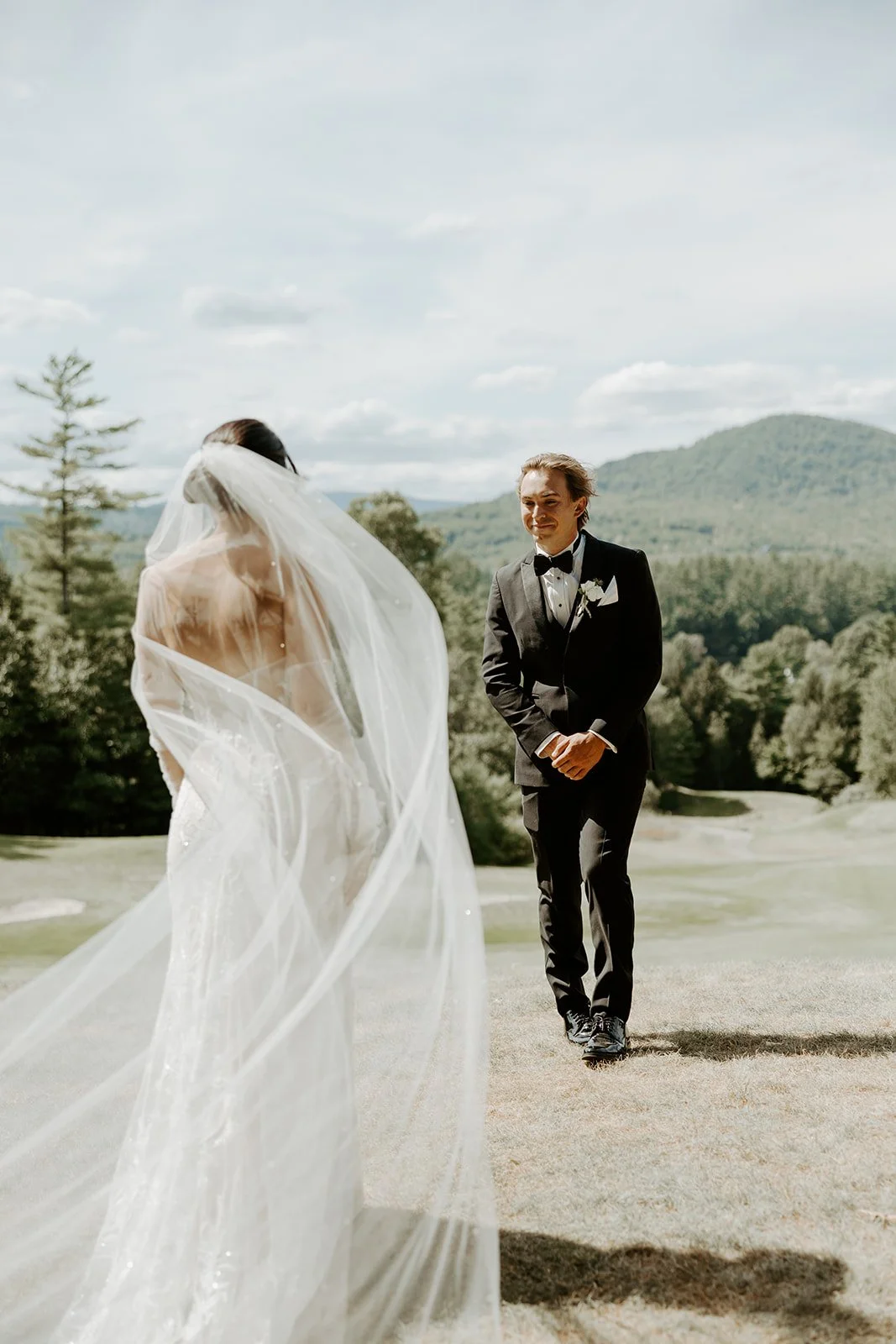 A bride and groom during their first look