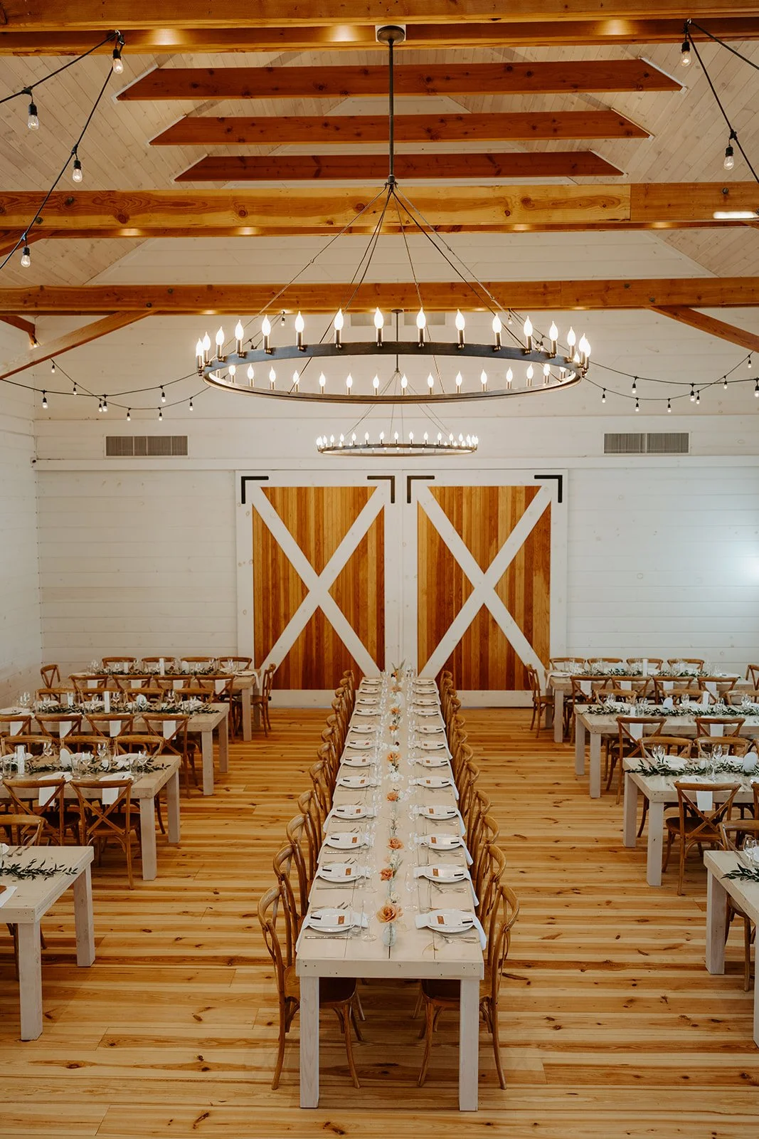 A barn wedding venue setup for a reception in Vermont