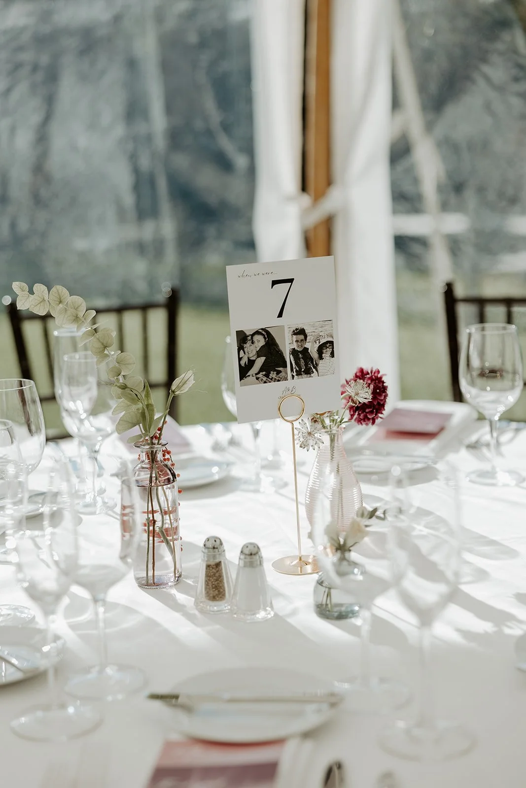 A wedding reception table setup