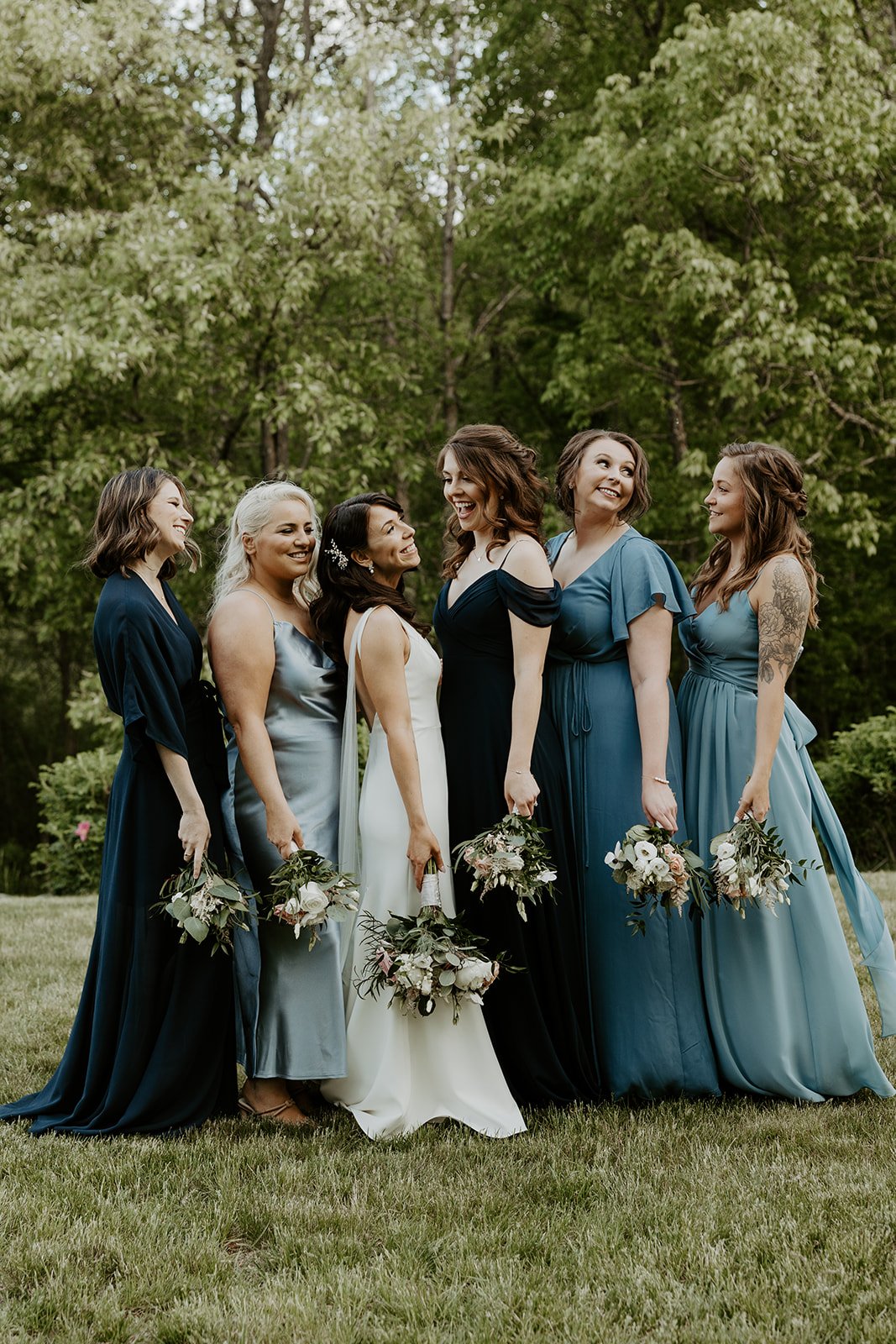 Wedding party photos from a blue wedding