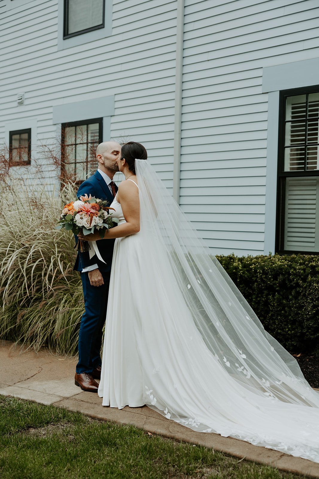 A bride and groom during a first look