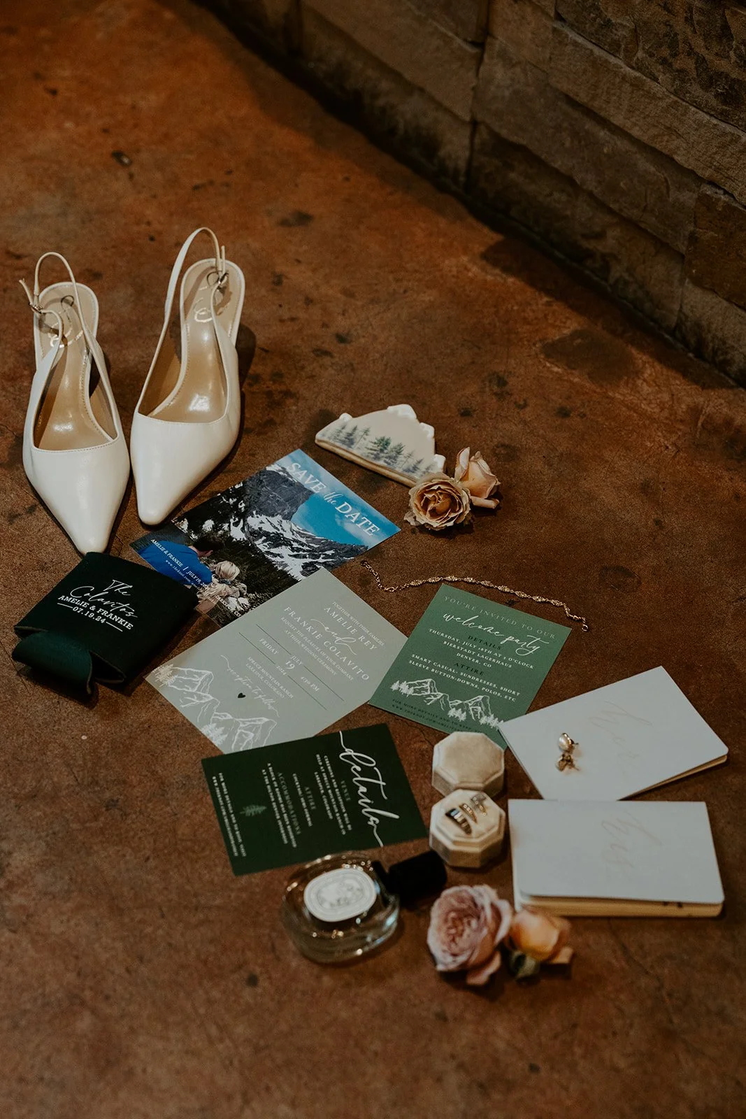 A wedding flat lay from a Colorado destination wedding